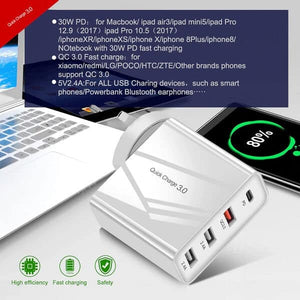 Qualcomm QC3.0 4 Ports 48W PD Fast Charging Charger Multi PD30W +QC18W Wall Plug Adapter (White)