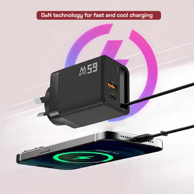 65W GaN USB-C & QC3.0 USB A Fast Charging Charger Wall Plug Power Adapter With 70cm Built-in Retractable Type-C Cable Plus Dual Output Ports
