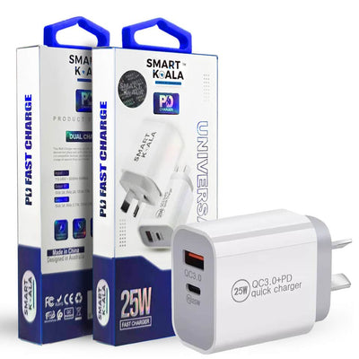 Smart Koala 25W PD Type C + USB A QC3.0 Dual Charger SAA Certified Super Fast Charging Charger Wall Plug Power Adapter (White)