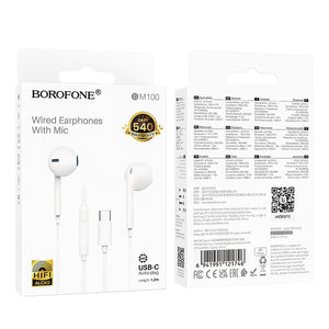 BOROFONE BM100 USB Type C Wire Controlled Digital Earphones Headphone With Microphone Supports Calls Audio Plug Wired Headset (White)