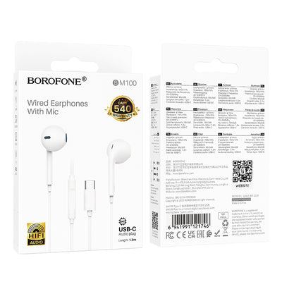 BOROFONE BM100 USB Type C Wire Controlled Digital Earphones Headphone With Microphone Supports Calls Audio Plug Wired Headset (White)