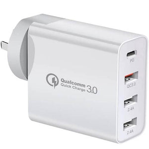Qualcomm QC3.0 4 Ports 48W PD Fast Charging Charger Multi PD30W +QC18W Wall Plug Adapter (White)