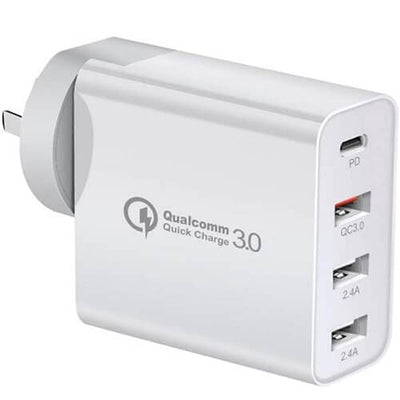 Qualcomm QC3.0 4 Ports 48W PD Fast Charging Charger Multi PD30W +QC18W Wall Plug Adapter (White)