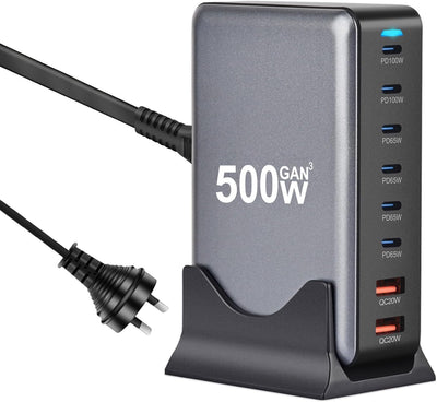 500W GaN³ 8-Port Fast Charging Station Charger Block | 2×100W + 4×65W PD USB-C + 2×20W USB-A | Multi-Device Charging Station for Smartphone & Tablet