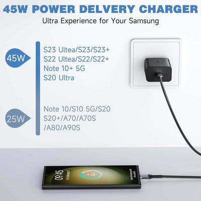 45W PD USB Type C Super Fast Charger Rapid Charging Wall Plug Power Adapter For Samsung Galaxy S24/S23/S22/S21/S20 Ultra/Note 20/S10/S9 Plus