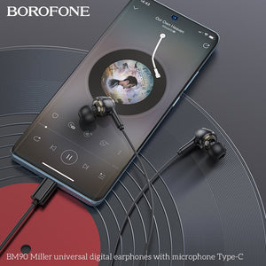 BOROFONE BM90 USB Type C Wire Controlled Digital Earphones Headphone With Microphone Supports Calls Audio Plug Wired Headset (Black)