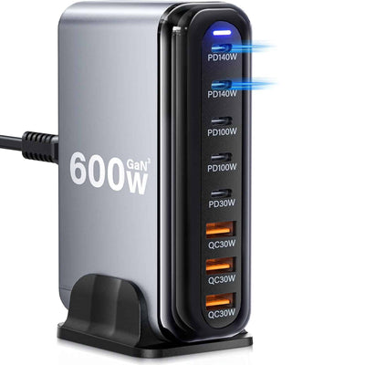 600W USB Type C & USB Type A Multi 8 Ports Charging Station Charger Dock, 140W/100W GaN Laptop Charger, 30W USB C Charger, Compatible with MacBook Pro, iPad, iPhone, Samsung Galaxy, Google Pixel, Dell