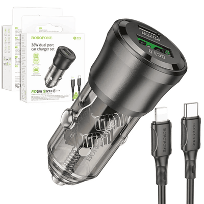 BOROFONE BZ25 Journey PD38W (1C1A) Fast Charging Quick Car Charger With PD USB Type C to Lightning Cable (Transparent Black)