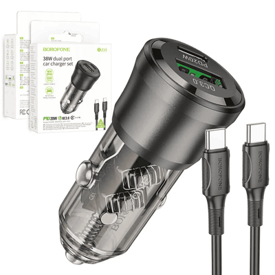 BOROFONE BZ25 Journey PD38W (1C1A) Fast Charging Quick Car Charger With PD USB Type C to Type C Cable Cord (Transparent Black)