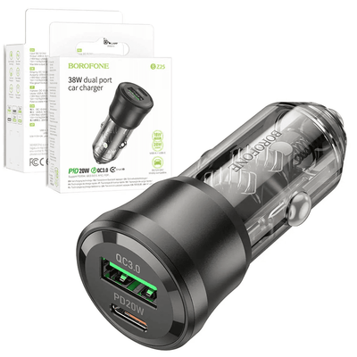 Borofone BZ25 38W PD20W PD USB Type C + QC3.0 USB A Fast Charging Quick Charger Car Charger Socket Adapter ( Transparent Black)