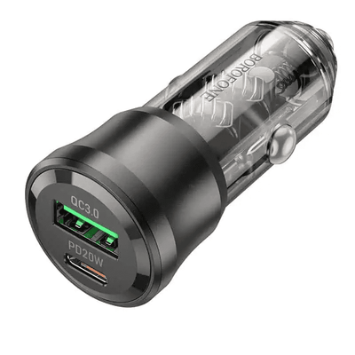 Borofone BZ25 38W PD20W PD USB Type C + QC3.0 USB A Fast Charging Quick Charger Car Charger Socket Adapter ( Transparent Black)