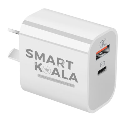 TCS-20WACB 20W Smart Koala Universal PD QC3.0 USB Type C+USB A SAA Certified Fast Charging Wall AU Plug Charger Power Adapter for iPhone Samsung Google Nokia Oppo