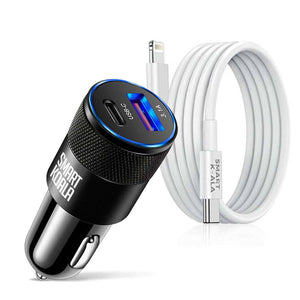 Smart Koala 38W 3.1A 2 Ports PD USB Type C + USB Fast Charging Car Charger Socket Adapter with 1M Lightning Cable Cord for Apple iPhone/iPad/iPod