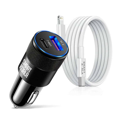 Smart Koala 38W 3.1A 2 Ports PD USB Type C + USB Fast Charging Car Charger Socket Adapter with 1M Lightning Cable Cord for Apple iPhone/iPad/iPod