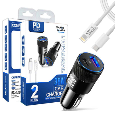 Smart Koala 38W 3.1A 2 Ports PD USB Type C + USB Fast Charging Car Charger Socket Adapter with 1M Lightning Cable Cord for Apple iPhone/iPad/iPod