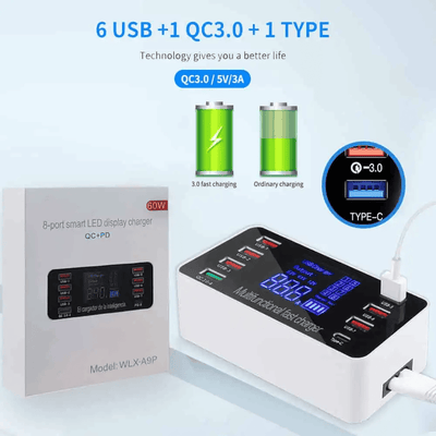 Multi 8 USB Charger HUB Port Quick Fast Rapid Charging QC3.0 PD Charge LED Display Mobile Phone Desktop Multiple Devices Hub For iPhone iPad Samsung