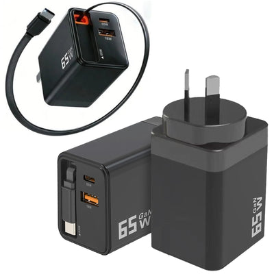 65W GaN USB-C & QC3.0 USB A Fast Charging Charger Wall Plug Power Adapter With 70cm Built-in Retractable Type-C Cable Plus Dual Output Ports