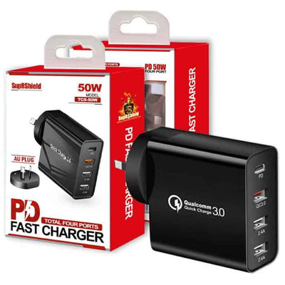SupRShield QC3.0 4 Ports 48W PD Fast Charging Charger Multi PD30W +QC18W Wall Plug Adapter (Black)